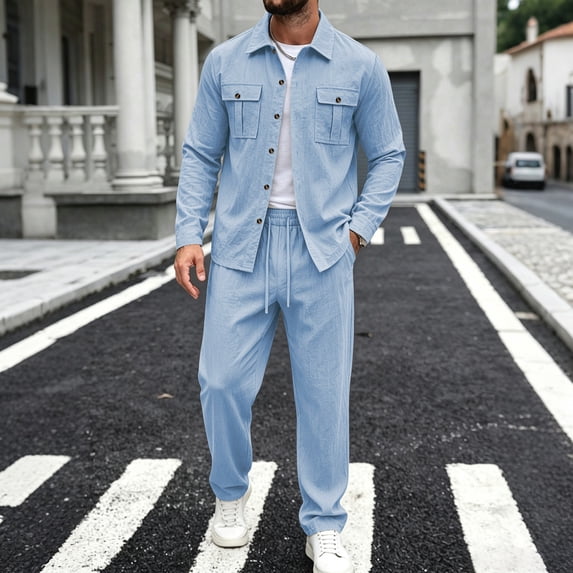 LEKWK Men Linen Sets Outfits 2 Piece Long Sleeve Button Down Shirt and Drawstring Pants Lightweight Beach Vacation Outfits Matching Suits