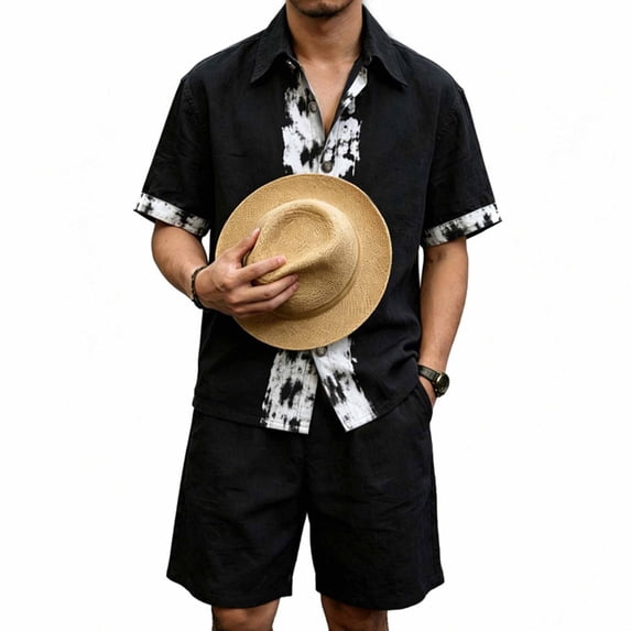 LEKWK Men Linen Sets Outfits 2 Piece Printed Button Down Short Sleeve Collared Tops and Elastic Waist Shorts Loose Summer Beach Vacation Casual Resort Wear