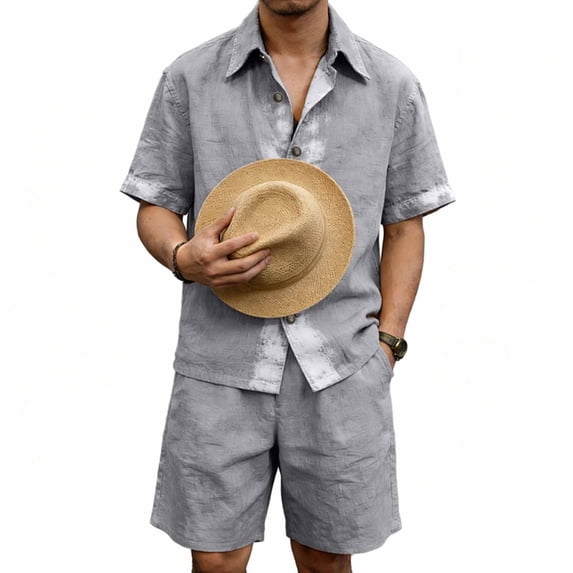 LEKWK Men Linen Sets Outfits 2 Piece Printed Button Down Short Sleeve Collared Tops and Elastic Waist Shorts Loose Summer Beach Vacation Casual Resort Wear