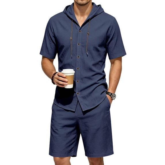 LEKWK Men Linen Sets Outfits 2 Piece Short Sleeve Button Down Hooded Tops and Elastic Waist Shorts Lightweight Loose Fit Summer Fashion Beach Vacation Wear