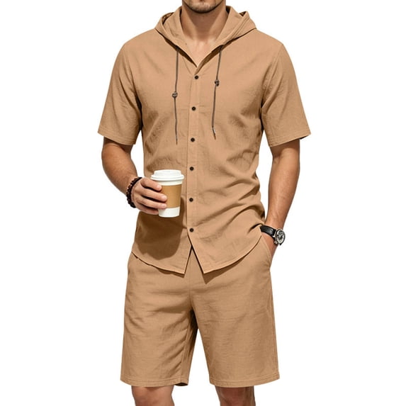 LEKWK Men Linen Sets Outfits 2 Piece Short Sleeve Button Down Hooded Tops and Elastic Waist Shorts Lightweight Loose Fit Summer Fashion Beach Vacation Wear