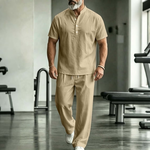 LEKWK Men Linen Sets Outfits 2 Piece Short Sleeve Henley Loose Fit Tops and Elastic Waist Wide Leg Pants Lightweight Solid Summer Beach Vacation Casual Wear