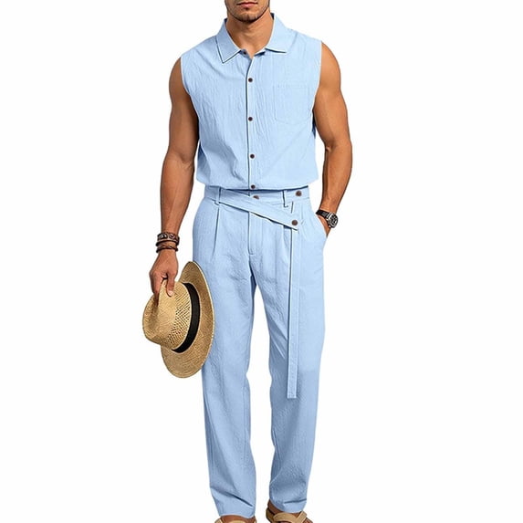 LEKWK Men Linen Sets Outfits 2 Piece Sleeveless Button Down Collared Tops and Tie Waist Straight Leg Pants Lightweight Summer Fashion Beach Vacation Outfits