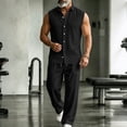 thumbnail image 1 of LEKWK Men Linen Sets Outfits 2 Piece Sleeveless Button Down Collared Tops and Wide Leg Pants Lightweight Loose Fit Solid Summer Beach Vacation Sets, 1 of 5