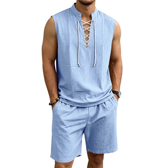 LEKWK Men Linen Sets Outfits 2 Piece Tie V Neck Sleeveless Tank Tops and Drawstring Elastic Waist Shorts Loose Fit Fashion Beach Vacation Summer Outfits