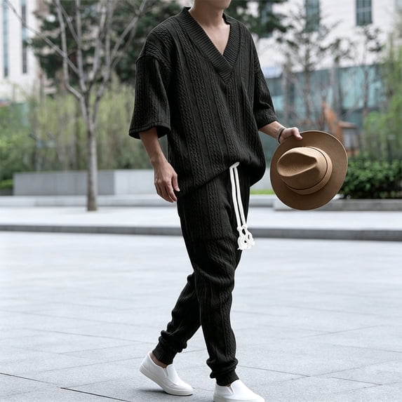 LEKWK Men Lounge Set Textured 2 Piece Matching Outfits V Neck Short Sleeve Top and Drawstring Jogger Pants with Pockets Fall Vacation Outfits