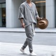 thumbnail image 1 of LEKWK Men Lounge Set Textured 2 Piece Matching Outfits V Neck Short Sleeve Top and Drawstring Jogger Pants with Pockets Fall Vacation Outfits, 1 of 5