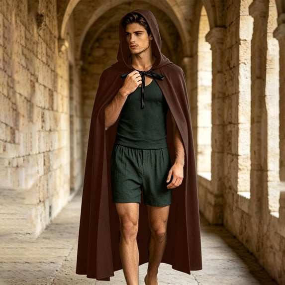 LEKWK Men Medieval Hooded Cloak Front Tie Gothic Wizard Witch Robe Loose Cape Themed Activity Halloween Renaissance Costume