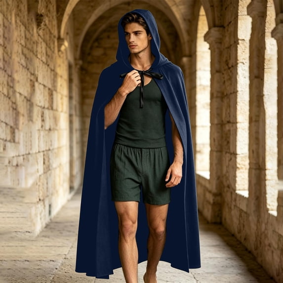 LEKWK Men Medieval Hooded Cloak Front Tie Gothic Wizard Witch Robe Loose Cape Themed Activity Halloween Renaissance Costume