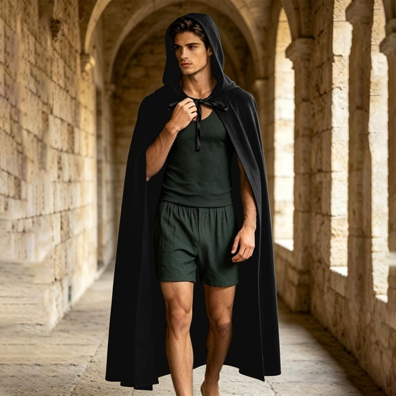 LEKWK Men Medieval Hooded Cloak Front Tie Gothic Wizard Witch Robe Loose Cape Themed Activity Halloween Renaissance Costume