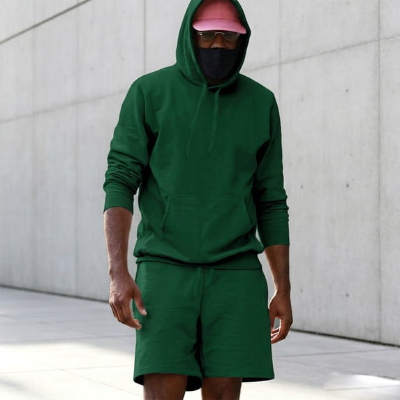 LEKWK Men Outfit 2 Piece Set Oversized Fall Athletic Long Sleeve Hoodies with Pockets Casual Wide Leg Sweatshorts Lounge Gym Workout Hooded Tracksuit