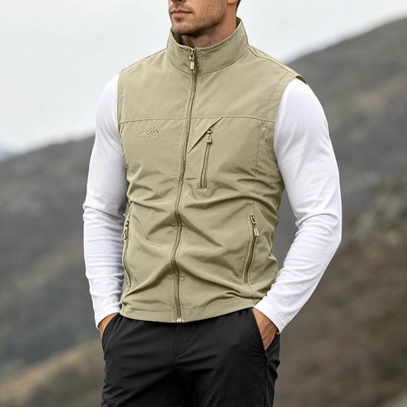 LEKWK Men'S Softshell Vest Full Zip Stand Collar Sleeveless Jacket with Zipper Pockets Windproof Water Resistant Casual Outdoor Outerwear Gilet for Hiking Fishing Golf Running Travel Khaki M