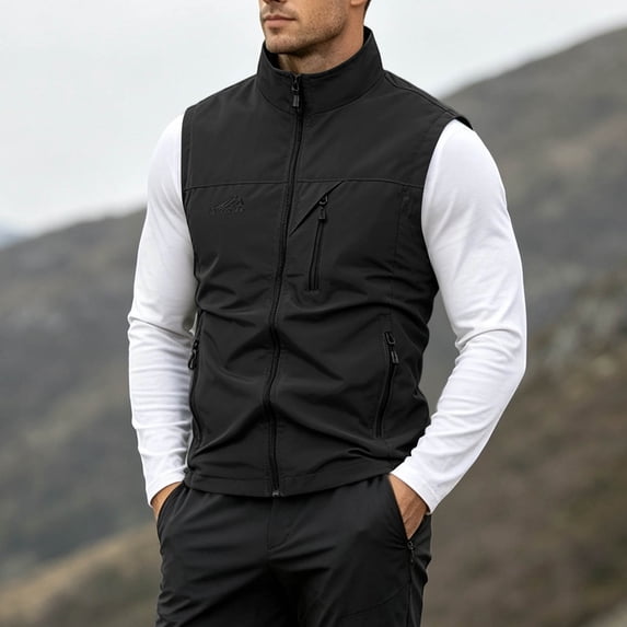 LEKWK Men'S Softshell Vest Full Zip Stand Collar Sleeveless Jacket with Zipper Pockets Windproof Water Resistant Casual Outdoor Outerwear Gilet for Hiking Fishing Golf Running Travel Black XXXXXL
