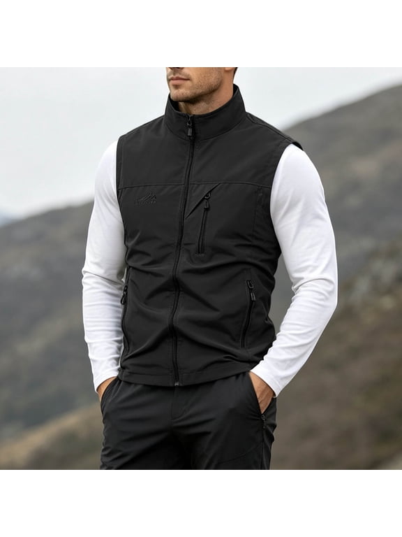 Men'S Softshell Vest Full Zip Stand Collar Sleeveless Jacket with Zipper Pockets Windproof Water Resistant Casual Outdoor Outerwear Gilet for Hiking Fishing Golf Running Travel Black M