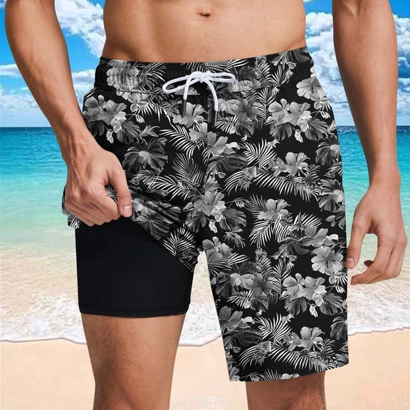 LEKWK Men Swim Trunks with Compression Liner Quick Dry Lightweight Elastic Waist Drawstring Board Shorts Lined Tropical Floral Above Knee Beach Shorts Surf Vacation Wear Black S