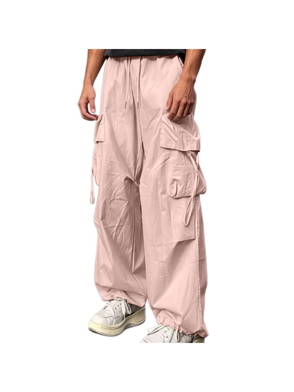 Men's Baggy Cargo Pants Y2K Parachute Trousers Loose Fit Streetwear Techwear Pants Elastic Waist with Drawstring Multi-Pockets Casual Hip Hop Bottoms Pink XXS