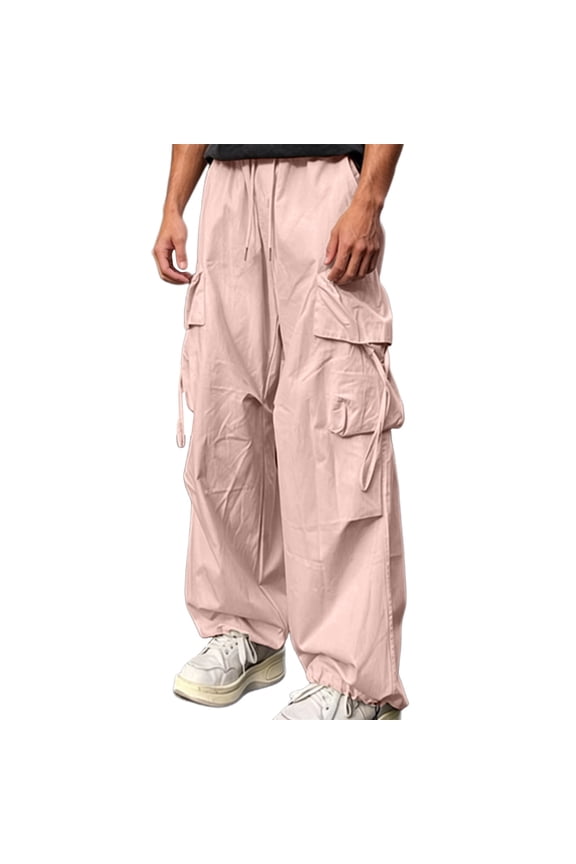 Men's Baggy Cargo Pants Y2K Parachute Trousers Loose Fit Streetwear Techwear Pants Elastic Waist with Drawstring Multi-Pockets Casual Hip Hop Bottoms Pink S
