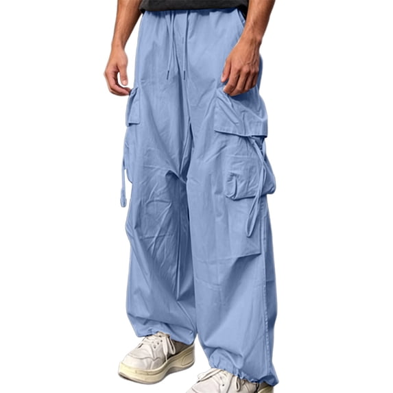 LEKWK Men's Baggy Cargo Pants Y2K Parachute Trousers Loose Fit Streetwear Techwear Pants Elastic Waist with Drawstring Multi-Pockets Casual Hip Hop Bottoms Blue XL