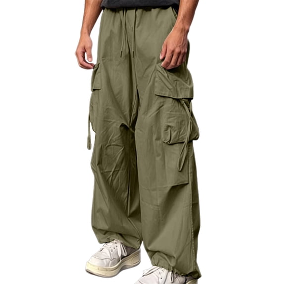LEKWK Men's Baggy Cargo Pants Y2K Parachute Trousers Loose Fit Streetwear Techwear Pants Elastic Waist with Drawstring Multi-Pockets Casual Hip Hop Bottoms Army Green XL