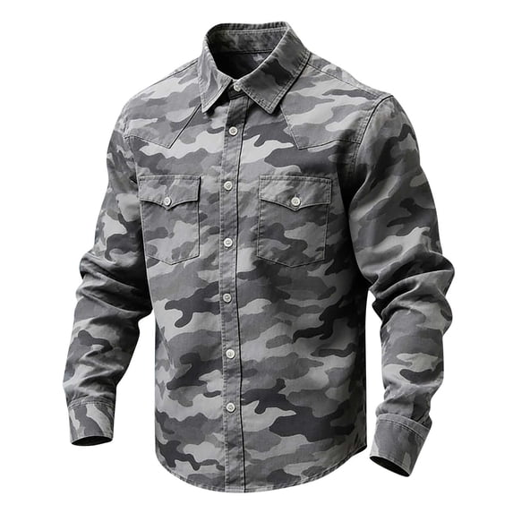 LEKWK Men's Camo Western Shirt Military Pattern Long Sleeve Button Down Top Cowboy Rodeo Style Hiking Outdoor Blouse