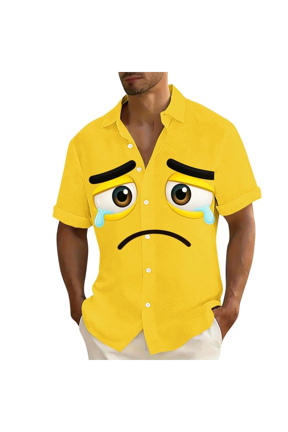 Men's Face Shirt Sad Crying Graphic Short Sleeve Button Down Top Funny Novelty Festival Party Holiday Blouse