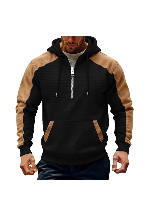 Men's Fashion Hoodie Quarter Zip Pullover Suede Texture Patchwork Hooded Sweatshirt Outdoor Casual Fleece Jacket
