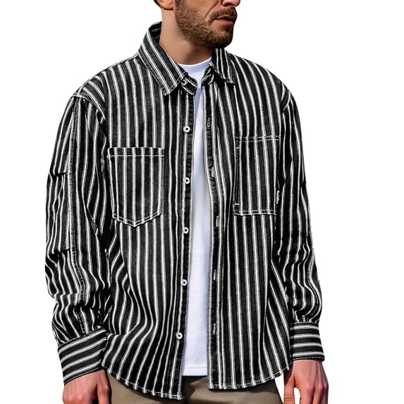 LEKWK Men's Heavyweight Striped Shirt Retro Workwear Long Sleeve Button Down Top Durable Cargo Style Casual Streetwear Jacket