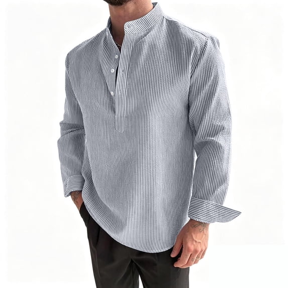 LEKWK Men's Henley Shirt Seersucker Long Sleeve Band Collar Casual Tops Striped Lightweight Breathable Button Down Beach T-Shirt for Summer Vacation