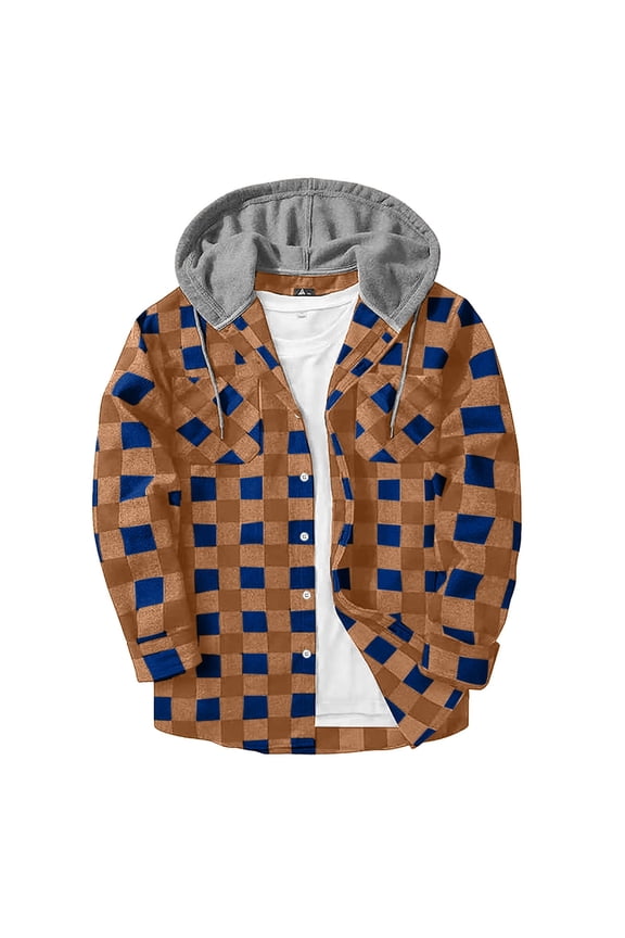 Men's Hooded Flannel Shirts Long Sleeve Casual Button Down Plaid Shacket Jackets Classic Checkered Outerwear with Chest Pockets for Fall Winter Workwear Brown XXXL