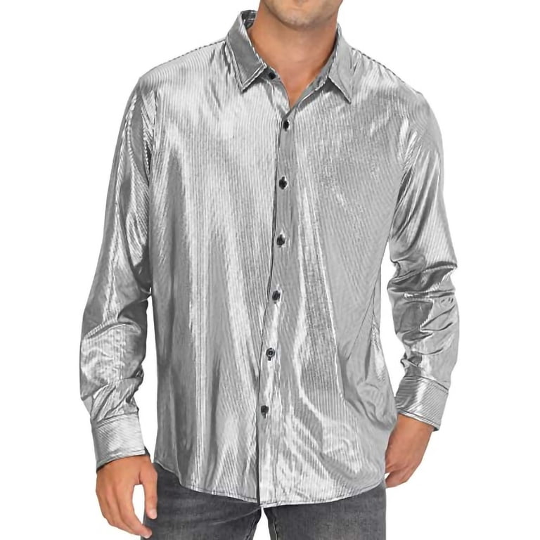 metallic grey dress shirt Lekwk Men's Button Down Long Sleeve Pleated Texture Party Top, Shiny Lightweight Clubwear Shirt for Stage Performance Festival Marco