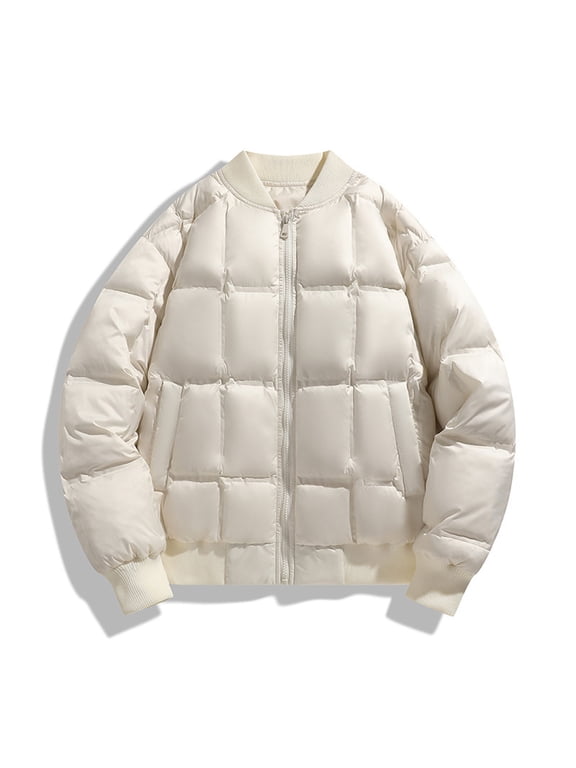Men's Puffer Jacket Warm Stand Neck Quilted Padded Zip Up Down Jackets Thick Trendy Winter Coat with Pockets Plus Size Outerwear, White 2XL