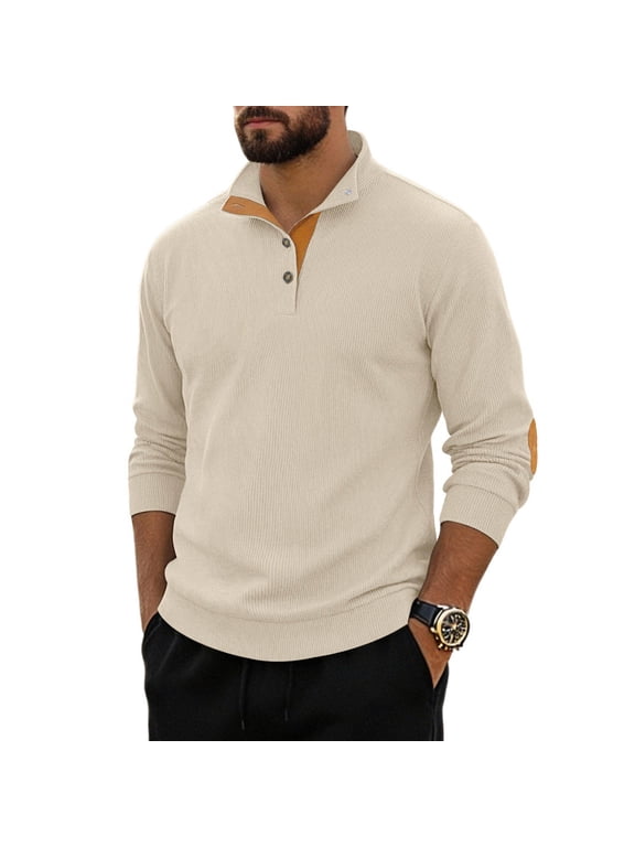Men's Quarter Button Shirt Mock Neck Corduroy Long Sleeve Casual Pullover Button Front Relaxed Fit Tops with Elbow Patches Fall Winter Daily Business Wear