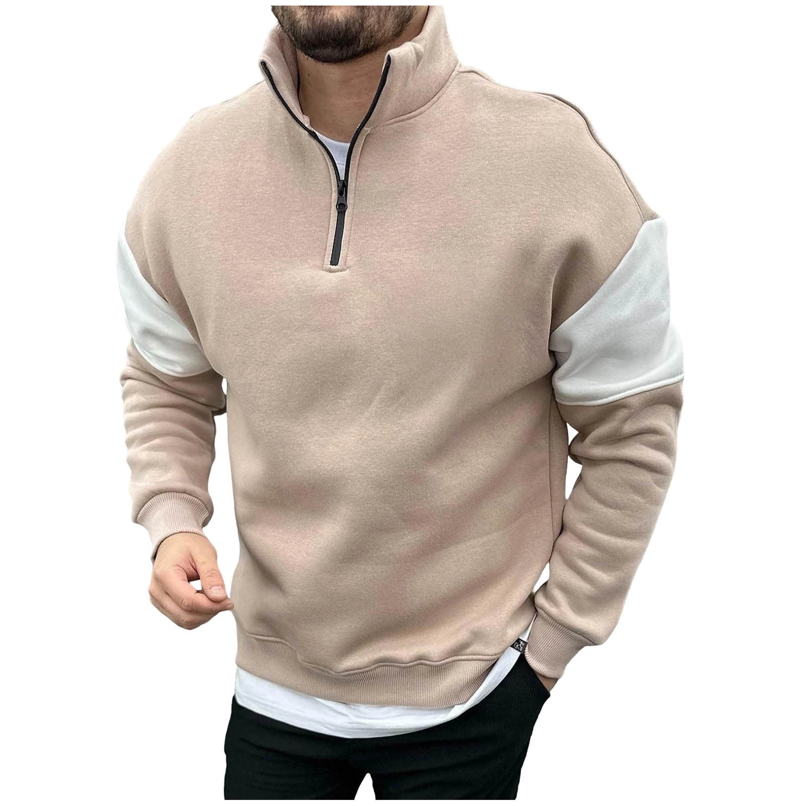LEKWK Men's Quarter Zip Sweatshirt Color Block Sleeve Pullover Top ...