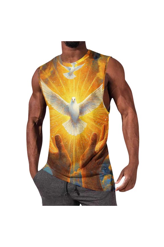Men's Religious Tank Tops Sleeveless Crew Neck Muscle Shirts 3D Print Jesus Christ Vest Summer Gym Workout Athletic Breathable Casual Fashion Blouse