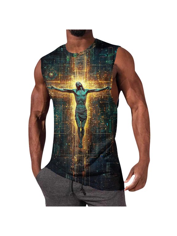 Men's Religious Tank Tops Sleeveless Crew Neck Muscle Shirts 3D Print Jesus Christ Vest Summer Gym Workout Athletic Breathable Casual Fashion Blouse