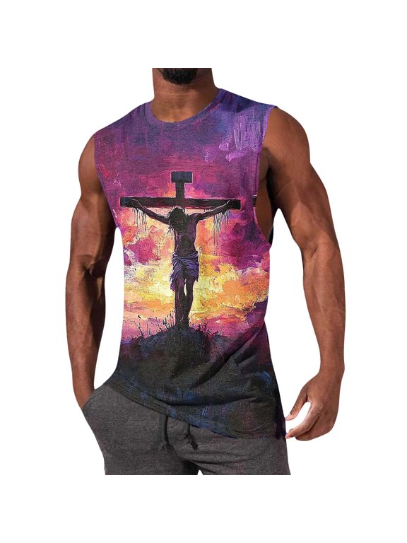 Men's Religious Tank Tops Sleeveless Crew Neck Muscle Shirts 3D Print Jesus Christ Vest Summer Gym Workout Athletic Breathable Casual Fashion Blouse