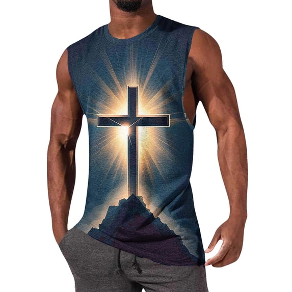 LEKWK Men's Religious Tank Tops Sleeveless Crew Neck Muscle Shirts 3D Print Jesus Christ Vest Summer Gym Workout Athletic Breathable Casual Fashion Blouse