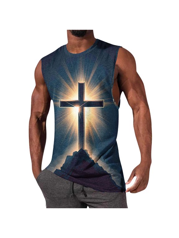 Men's Religious Tank Tops Sleeveless Crew Neck Muscle Shirts 3D Print Jesus Christ Vest Summer Gym Workout Athletic Breathable Casual Fashion Blouse