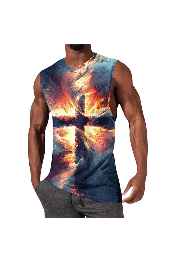 Men's Religious Tank Tops Sleeveless Crew Neck Muscle Shirts 3D Print Jesus Christ Vest Summer Gym Workout Athletic Breathable Casual Fashion Blouse