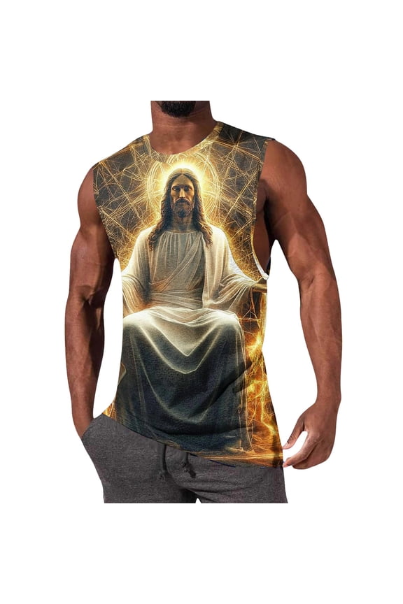 Men's Religious Tank Tops Sleeveless Crew Neck Muscle Shirts 3D Print Jesus Christ Vest Summer Gym Workout Athletic Breathable Casual Fashion Blouse