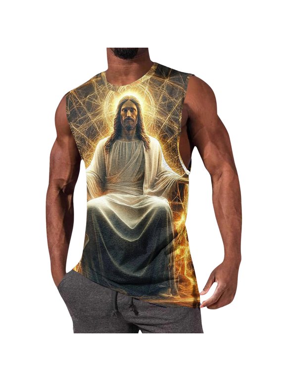Men's Religious Tank Tops Sleeveless Crew Neck Muscle Shirts 3D Print Jesus Christ Vest Summer Gym Workout Athletic Breathable Casual Fashion Blouse