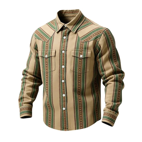 LEKWK Men's Retro Western Shirt Baroque Floral Print Striped Long Sleeve Button Down Cowboy Top Rodeo Party Festival Costume