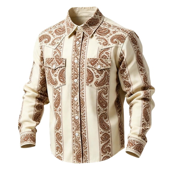 LEKWK Men's Retro Western Shirt Baroque Floral Print Striped Long Sleeve Button Down Cowboy Top Rodeo Party Festival Costume