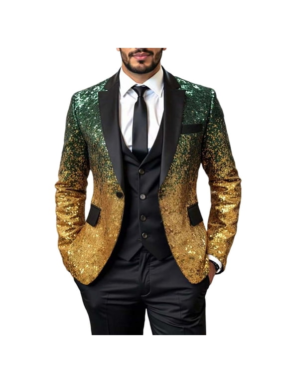Men's Sequin Blazer Jacket Shawl Lapel Slim Fit Tuxedo Sport Coat, Sparkly formal Dinner Suit Jacket for Prom Wedding Party Club Stage Performance Green S