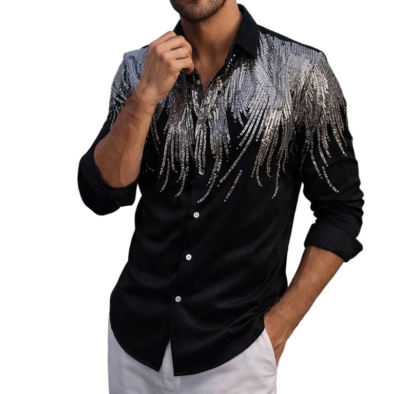 mens glitter dress shirts Lekwk Men's Sequin Shirt Shiny Tassel Graphic Long Sleeve Button Down Top Disco Party Prom Wedding Clubwear Stage Costume, Size: 4XL, Black 21st birthday