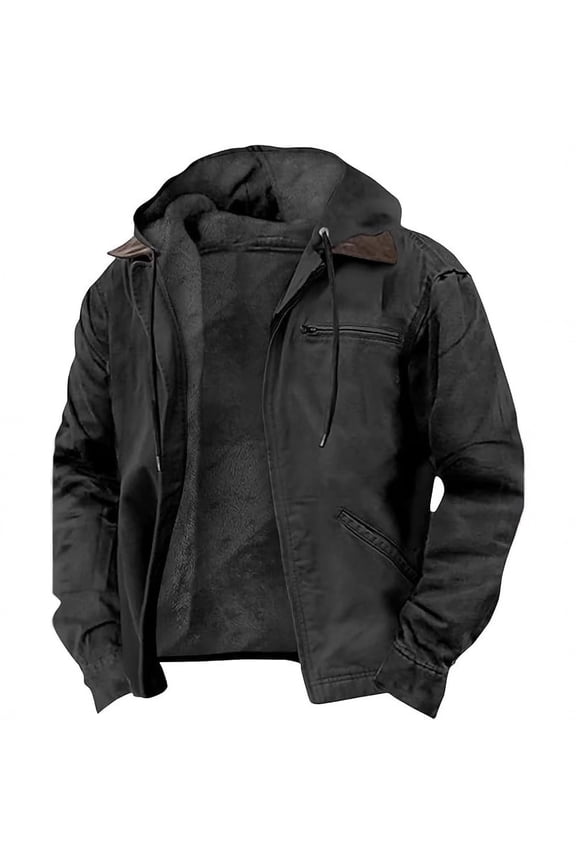 Men's Sherpa Lined Hooded Jacket Full Zip Winter Coat, Warm Fleece Interior Casual Utility Outerwear with Pockets for Outdoor Work Travel Daily Wear Black XXXXL