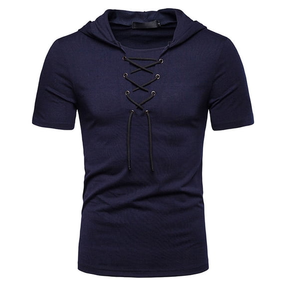 LEKWK Men's Sweatshirts and Hoodies Muscle Fit Short Sleeve Hoodie Lace up V Neck Summer Shirts Solid Gym Workout Casual Costume Top