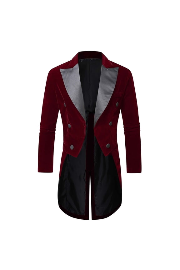 Men's Velvet Tailcoat Blazer Jacket Satin Lapel Long formal Coat, Gothic Victorian Style Dress Suit Jacket for Wedding Prom Party Stage Performance Red XL