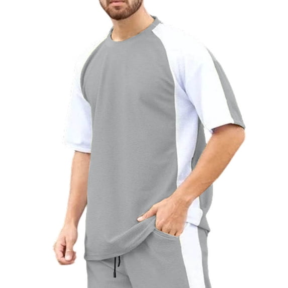 LEKWK Mens Athletic Shirts Color Block Raglan Sleeve Texture T-Shirts for Men Crew Neck Gym Shirts Soft Quick Dry Breathable Workout Tee Top
