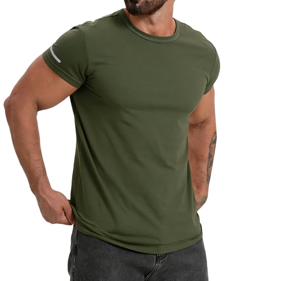 LEKWK Mens Athletic T Shirt Reflective Sleeve Crewneck Lightweight Tops Short Sleeve Breathable Quick Dry Tees Detail Gym Running Training Tees Green M